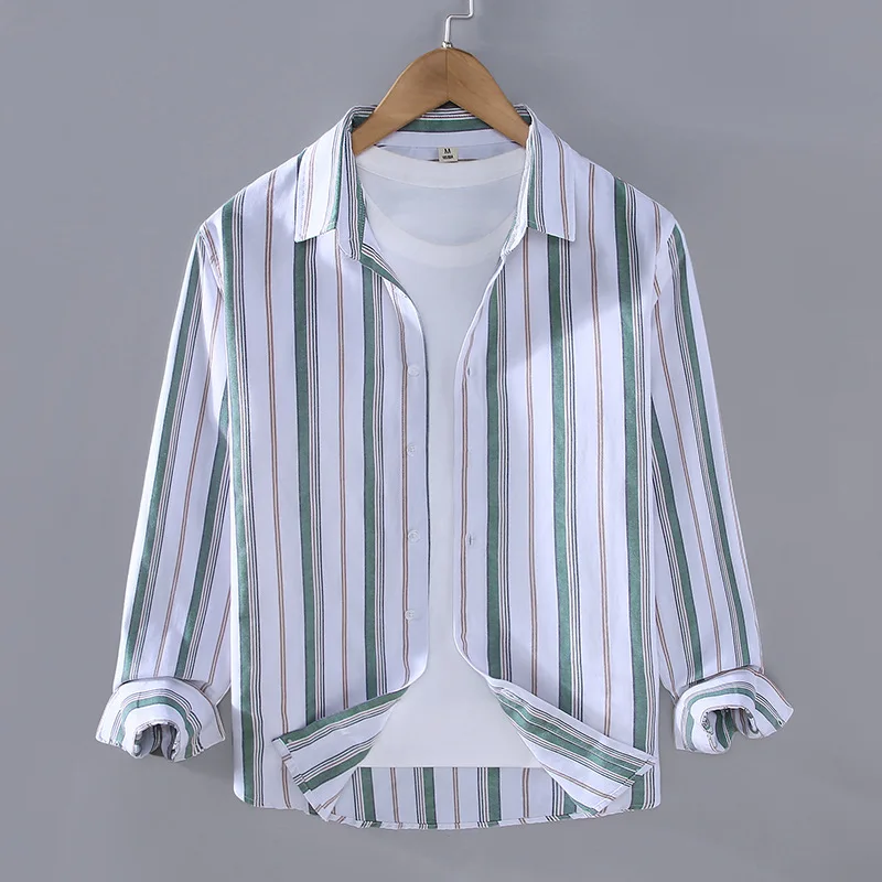 9616 Spring Fashion Men\'s Striped Classical Shirt Business Casual Long Sleeve Simple Basics Lapel Blouse Vintage Daily Tops Male