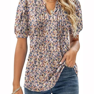 نسائي عارضة مطوي بلوزة سترة قمم على شكل V رقبة تي شيرت كم قصير العمل موضة الصيف أعلى 6 مبيعات للبلوزات الجميلة والمختلفة - No2