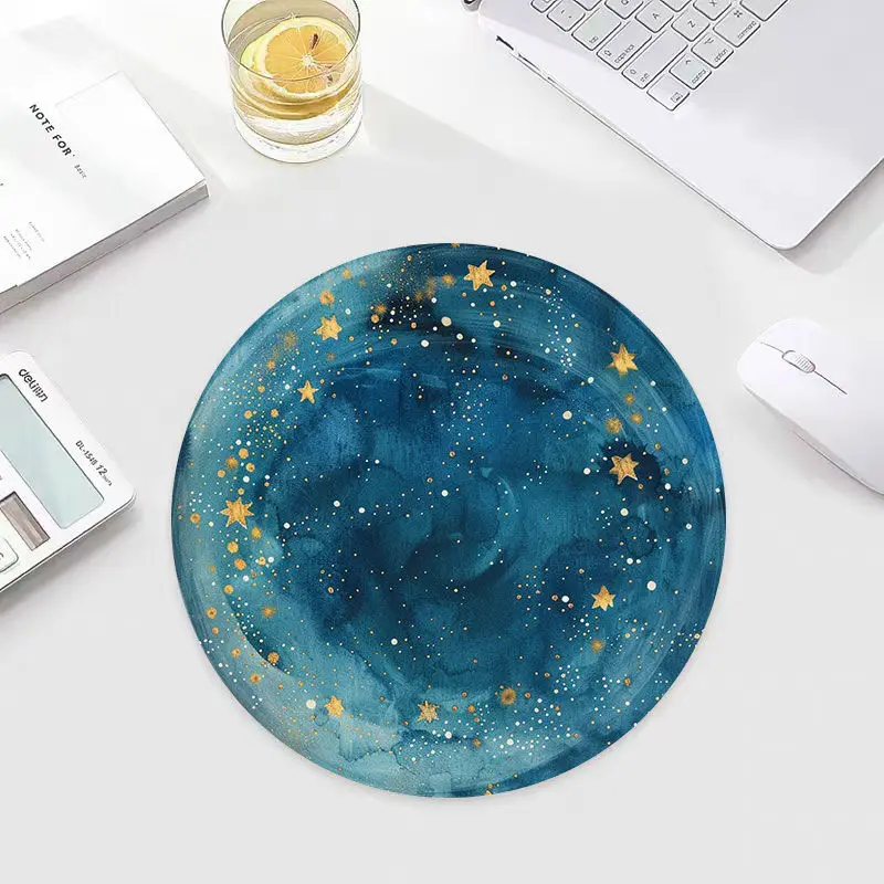 

The circular blue starry sky mouse pad is a creative design computer accessory. It is of high quality, washable and anti-slip