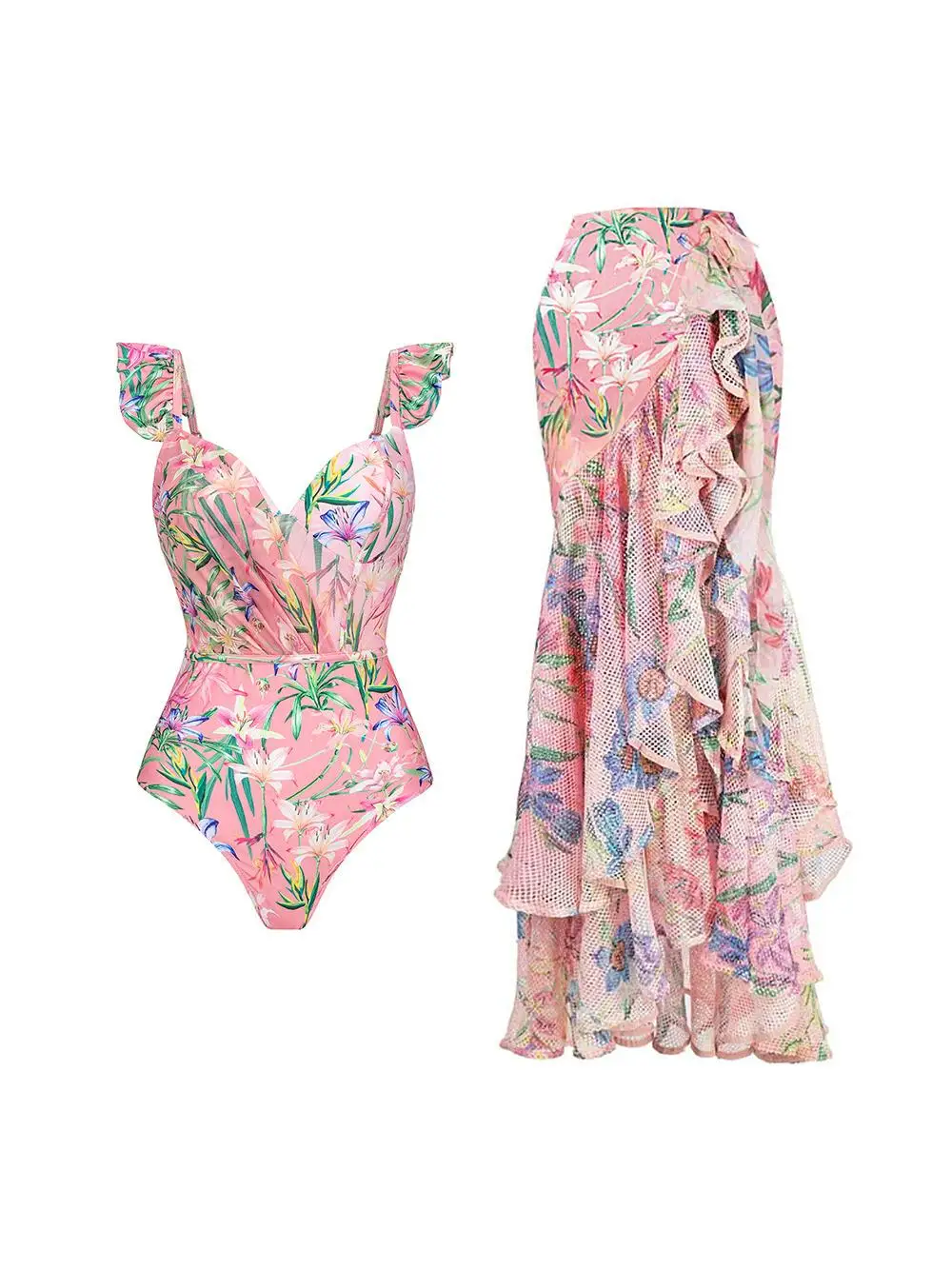 

Bikini Ruffled Skirted OnePiece Swimsuit with Wrap Skirt Set Women's Sporty Swimming Costume Asymmetrical Hemline Design