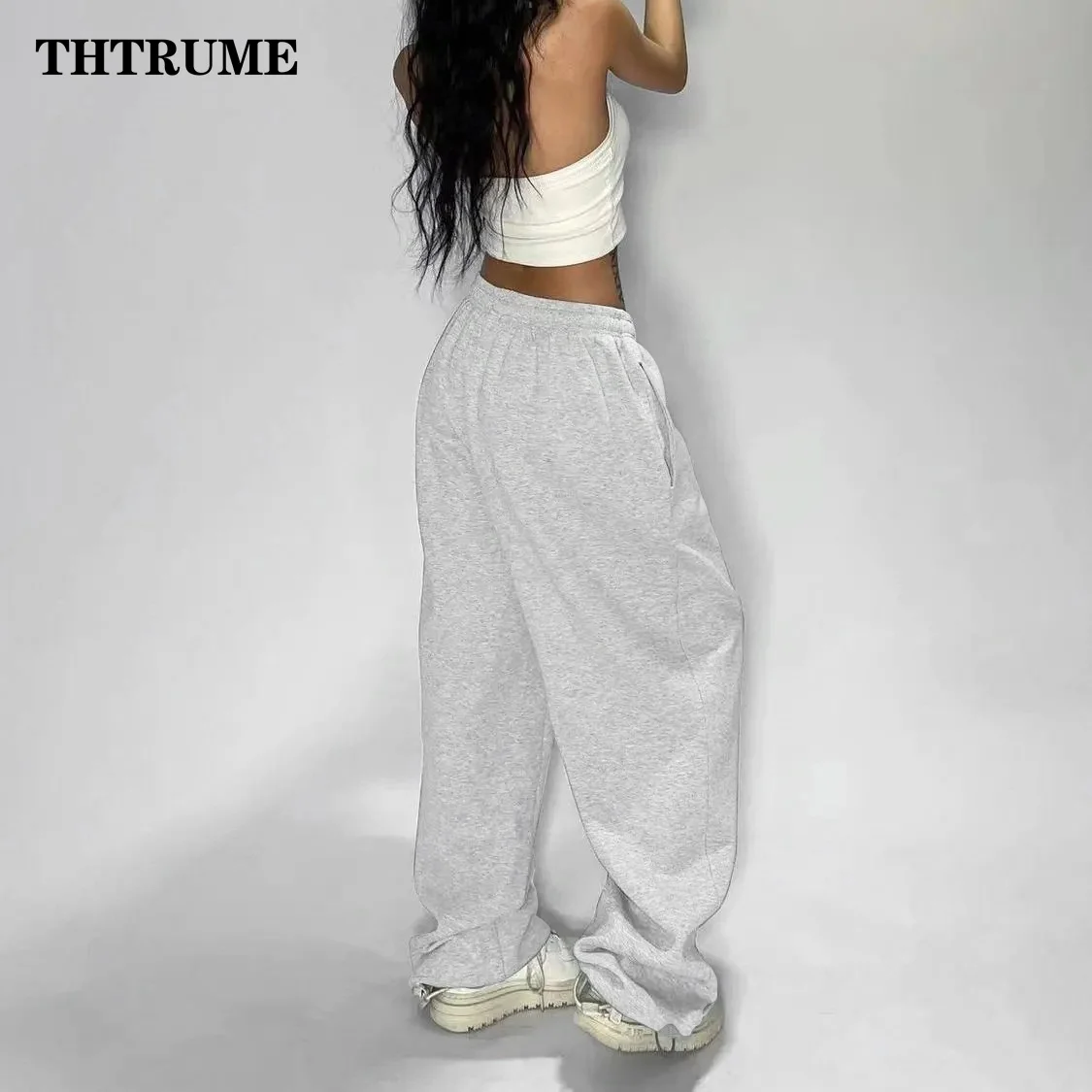 Casual Women Solid New Pant Fashion Summer Oversized Vintage Pocket Drawstring Wide Leg Pants Elegant Loose Baggy Chic Trousers - Image 4