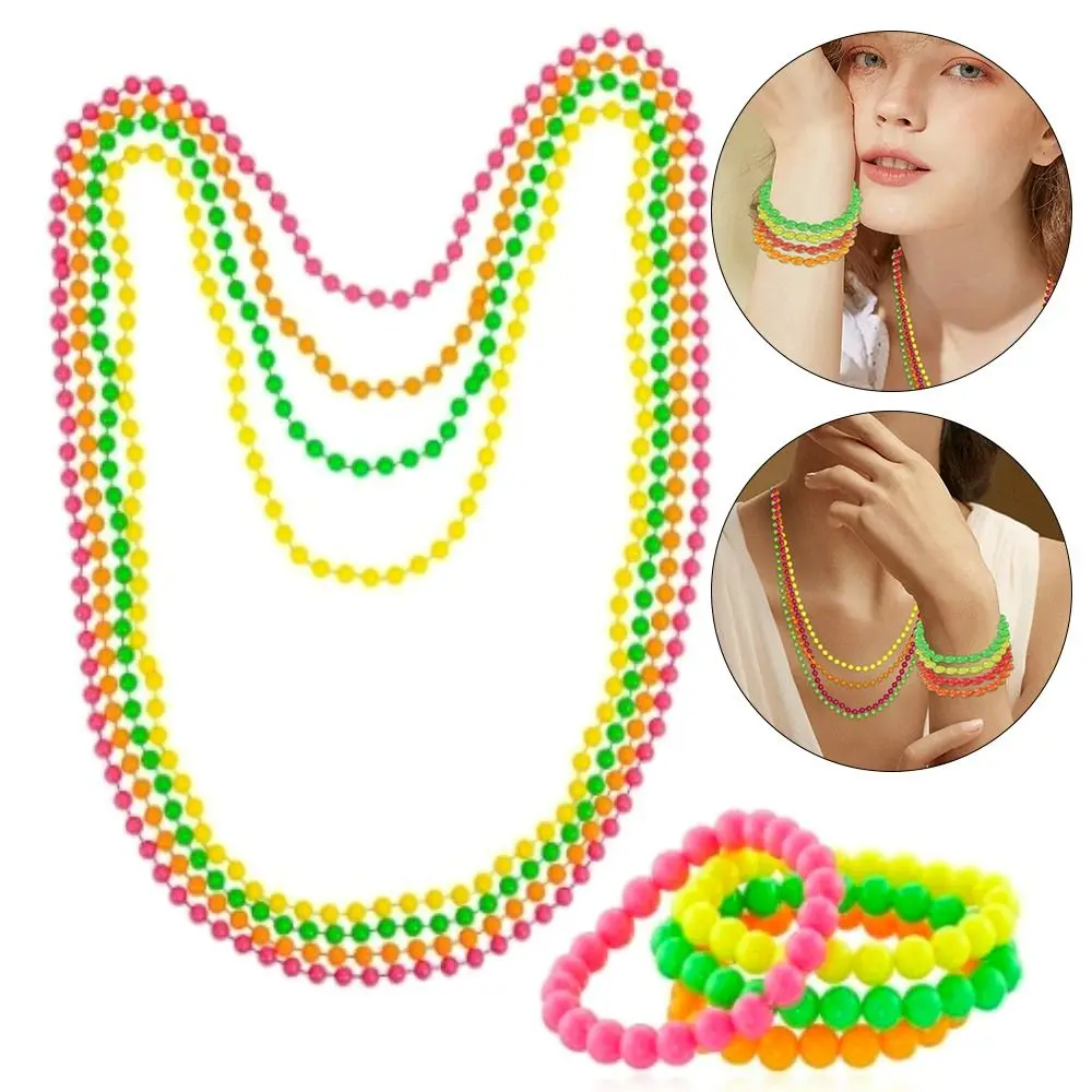 4/8PCS Colorful Beads Necklace Bracelet Set Bohemian Neon Bracelet Connected Beads Fluorescent Choker