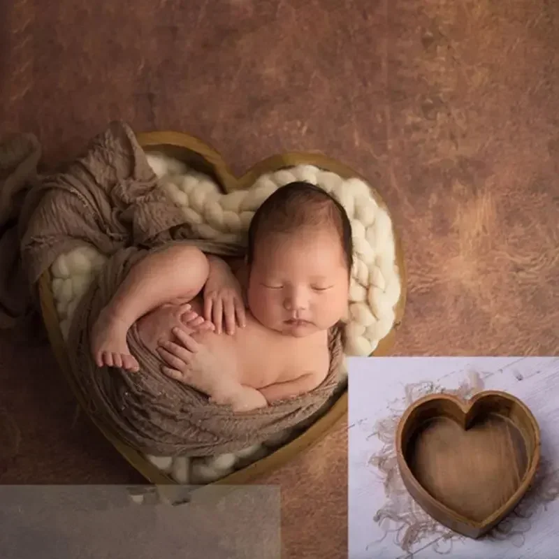 Newborn Baby Photography Props Vintage Wooden Basin Baby Bed Furniture Heart Shape Box Infants Photo Posing Shooting Accessories