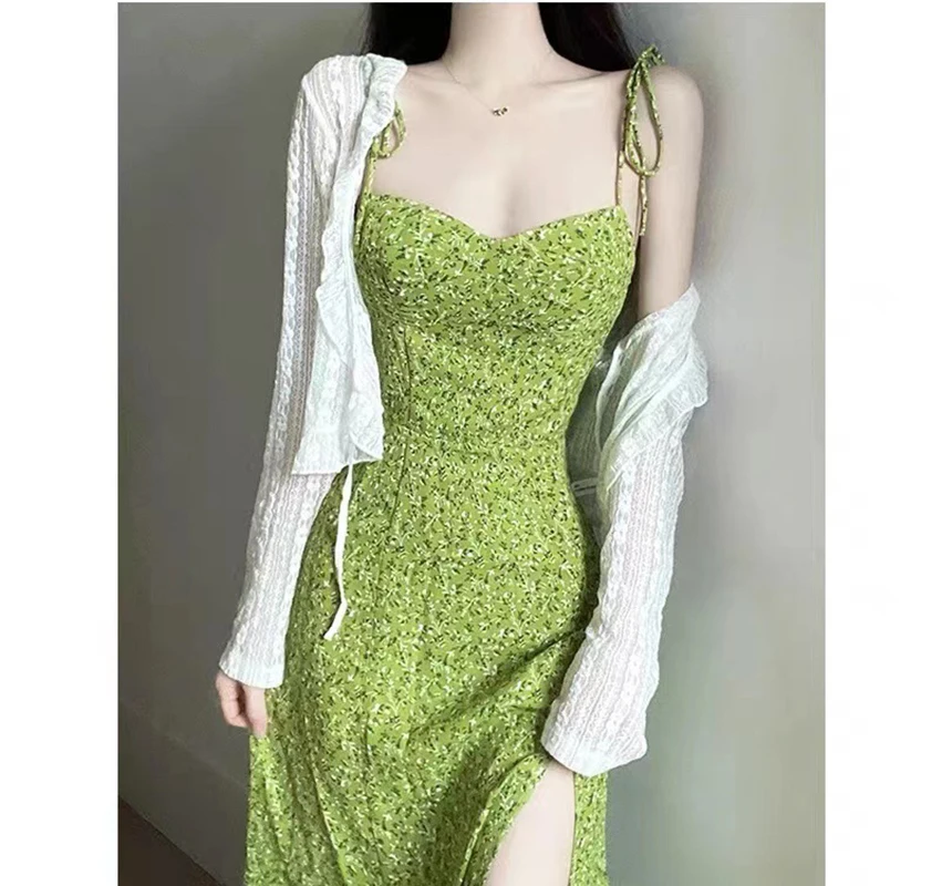 Women's French Green Floral Sling Dress Summer New High Waisted Forking Style Vestidos Beach Vacation Flowers Slim Dresses