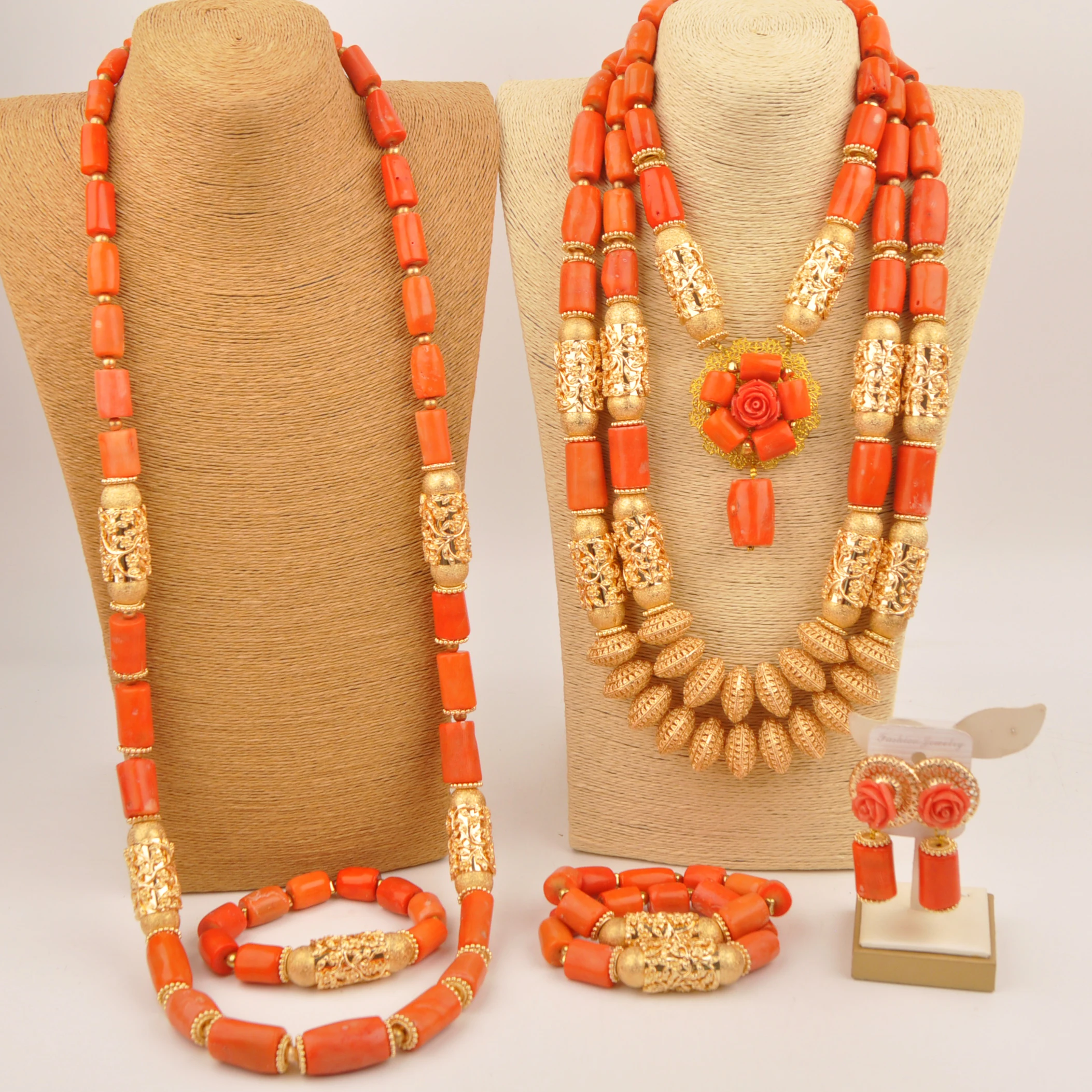 Orange Nigerian Jewelry Set Natural Coral Pearl jewelry set African bride gift