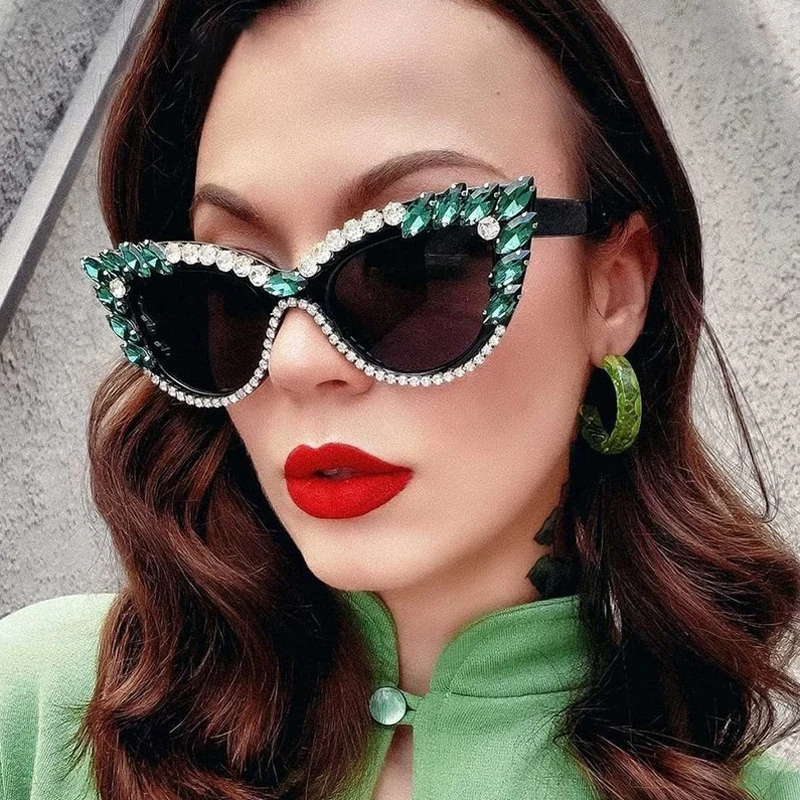 New Personality Fashion Cat Eye Colorful Big Diamond Glasses Droplet shaped Sunglasses Cat Eye Diamond Sun Glasses