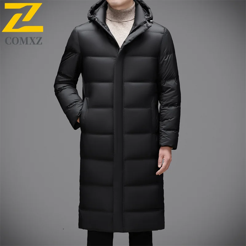 COMXZ Mens Long Down Jacket Casual Hooded Commute Office Lightweight Puffer Jackets Fashion Travel Knee Length Warm Winter Parka