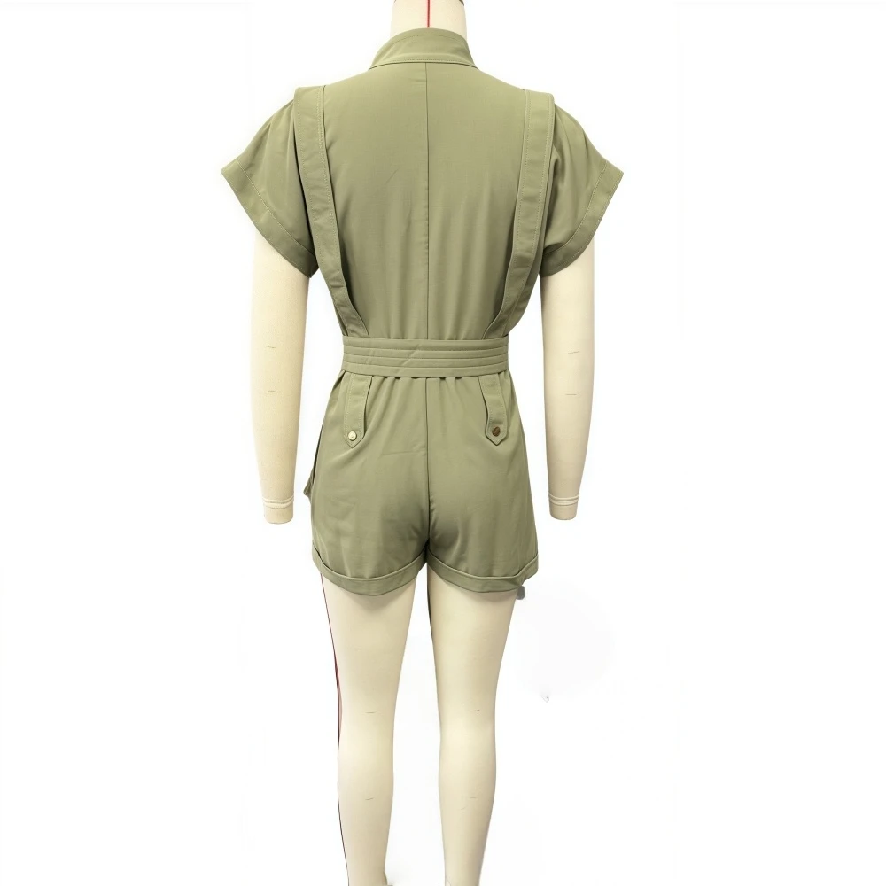 HLJ Casual Cargo Pocket Patchwork Romper Women Solid Color Short Sleeve Including Belt Jumpsuits Female Streetwear Overalls NEW