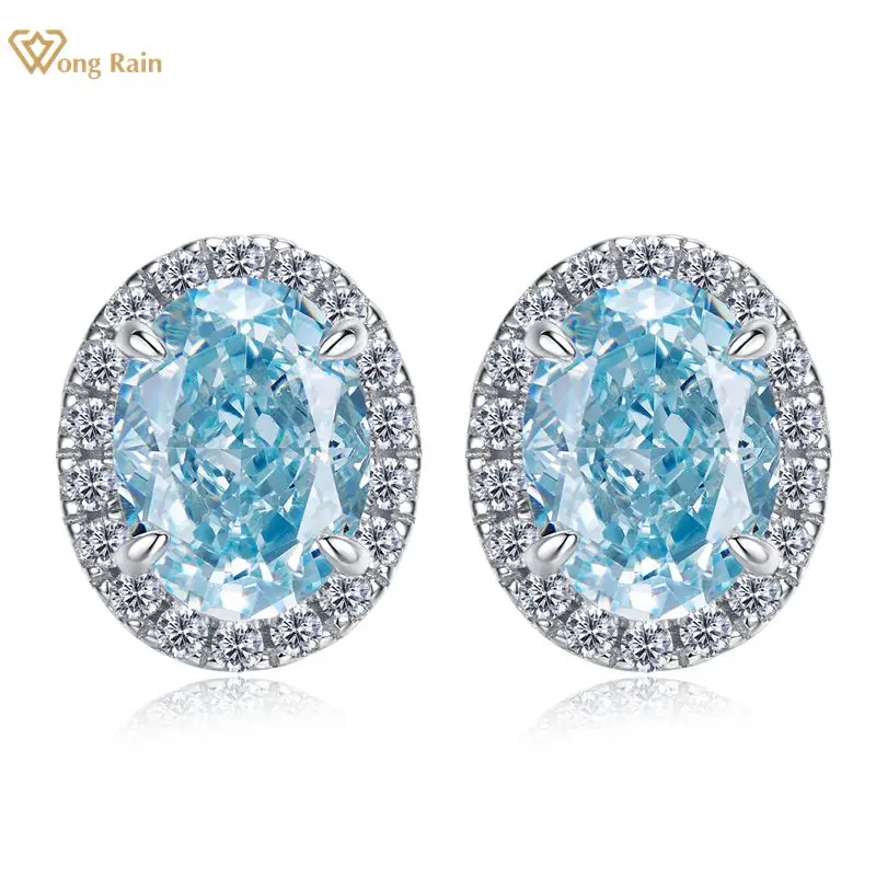 

Wong Rain 100% 925 Sterling Silver 6*8 MM Oval Aquamarine High Carbon Diamond Gemstone Ear Studs Earring Fine Jewelry Wholesale