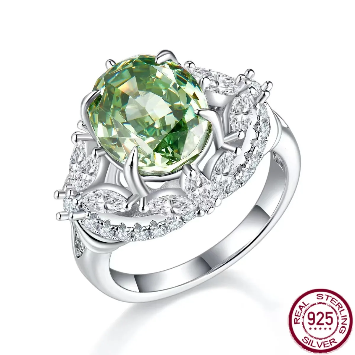 

New popular s925 silver full diamond 6-carat green tourmaline design style luxurious fashion ring wedding jewelry