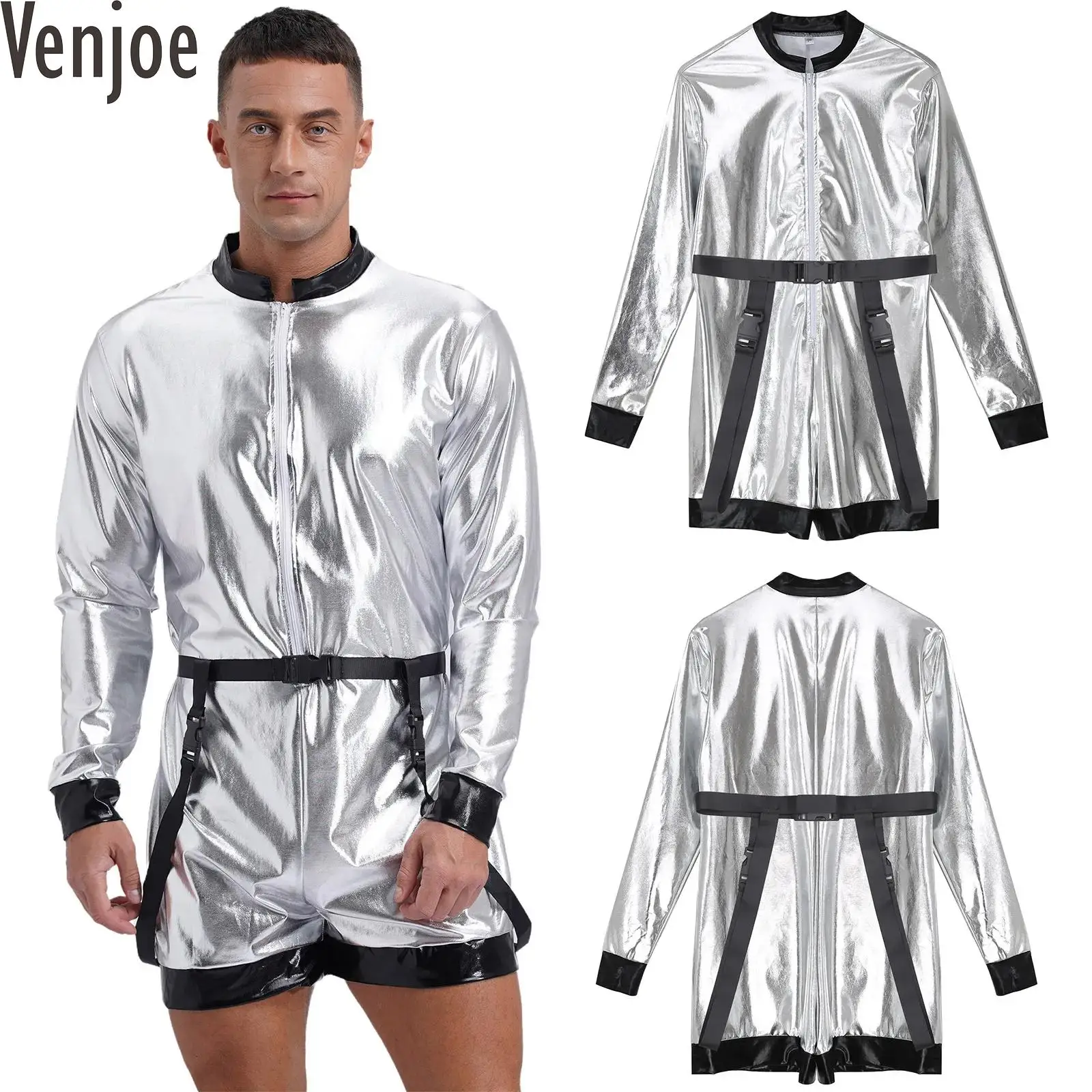 

Mens Galaxy Astronaut Cosplay Costumes Shiny Metallic Bodysuit with Waist Belt Front Zipper Boyshorts Jumpsuit for Halloween