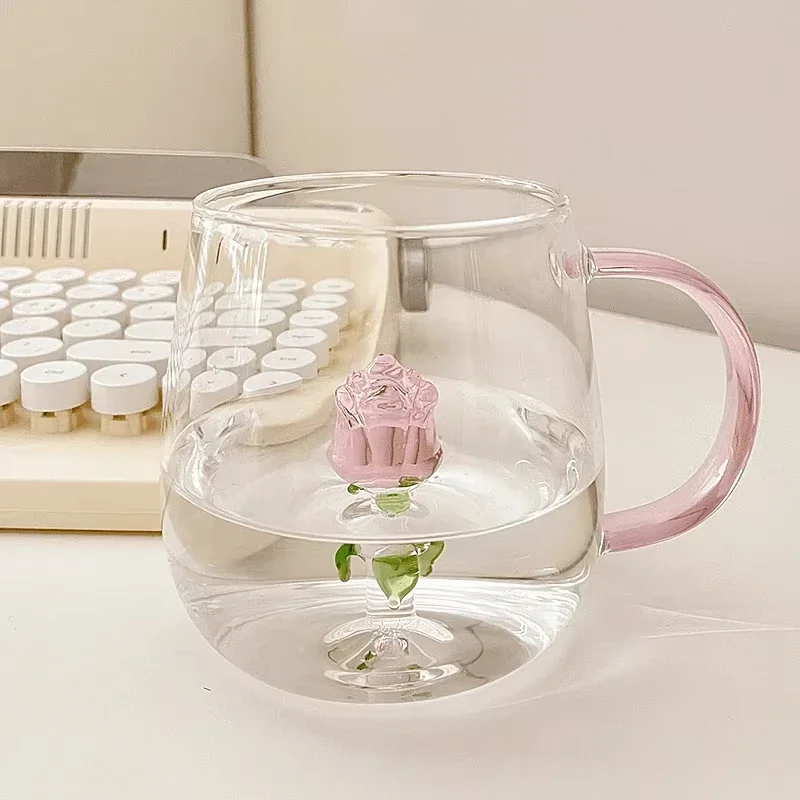 Luxury Rose Glass Water Cup Aesthetic Home Office Mug for Girls And Ladies Creative Beautiful Design with Light Sensation