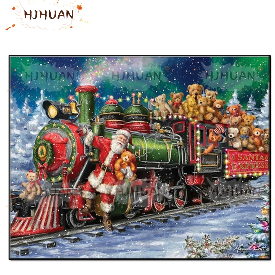 

Santa Claus drives a green train to deliver gifts Full Square Diamond DIY Diamond Painting Embroidery Rhinestone Painting Decor