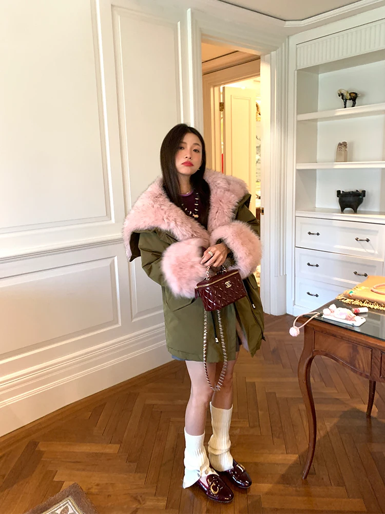 Women's True  Fur Jaet Winter Warm Waist-Cinching Hooded Coat Korean Sle Straight Cut Thiened Cotton Du down Filling