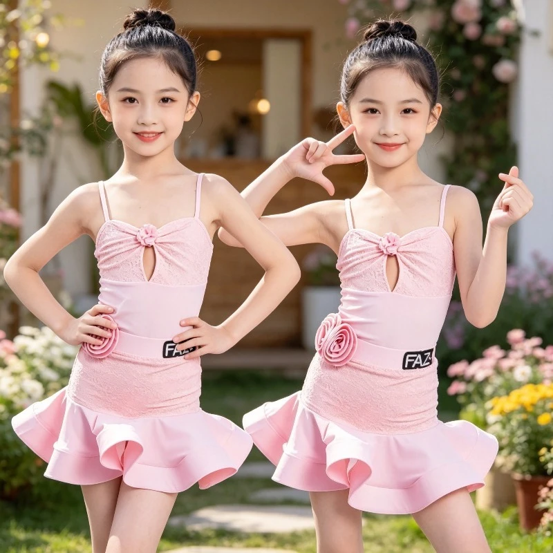 Latein-Tanzkleid für Mädchen, Kinder-Samba-Tango-Salsa-Rumba-Wettbewerbskostüm, Bühnen-Performance-Outfit mit Zubehör