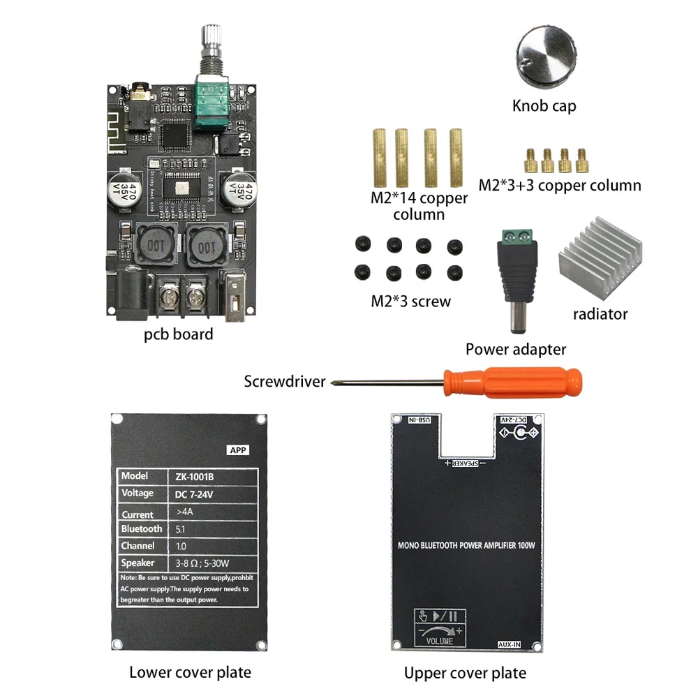 

ZK-1001B Mono 100W Bluetooth 5.1 Audio Power Amplifier Module DC7-24V Power Amplifier Chip TPA3116 With TWS Box Function