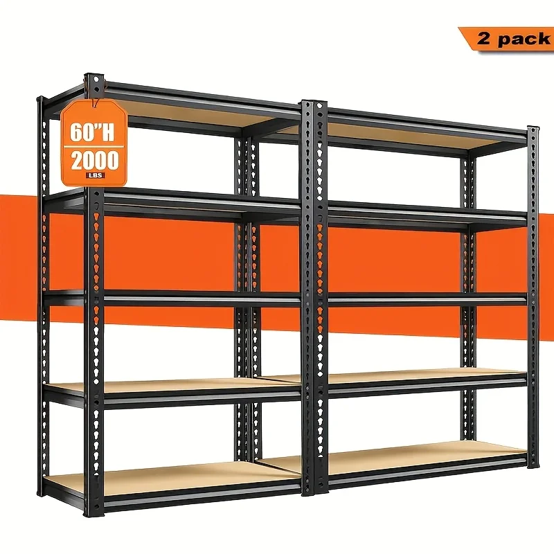 

2pcs Heavy Duty Garage Shelving Units, 5-Tier Adjustable Storage Shelves (60"H X 30"W X 12"D), 2000LBS Capacity Metal Utility Rack, Tool-Free Assembly, Industrial Steel Organizer for Warehouse Pantry Home Office (Black), Utility Shelves