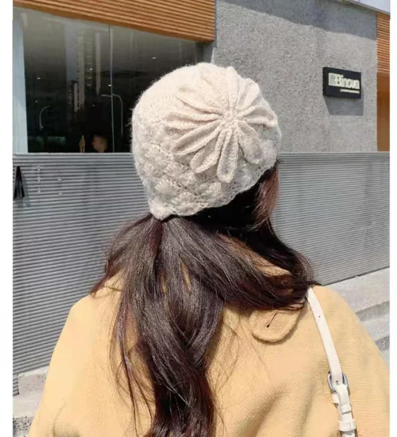 Women Hat Autumn Winter Korean Version Tide Retro Elegant Three-dimensional Big Flower Mohair Hollow Knitted Warm Wool Cap