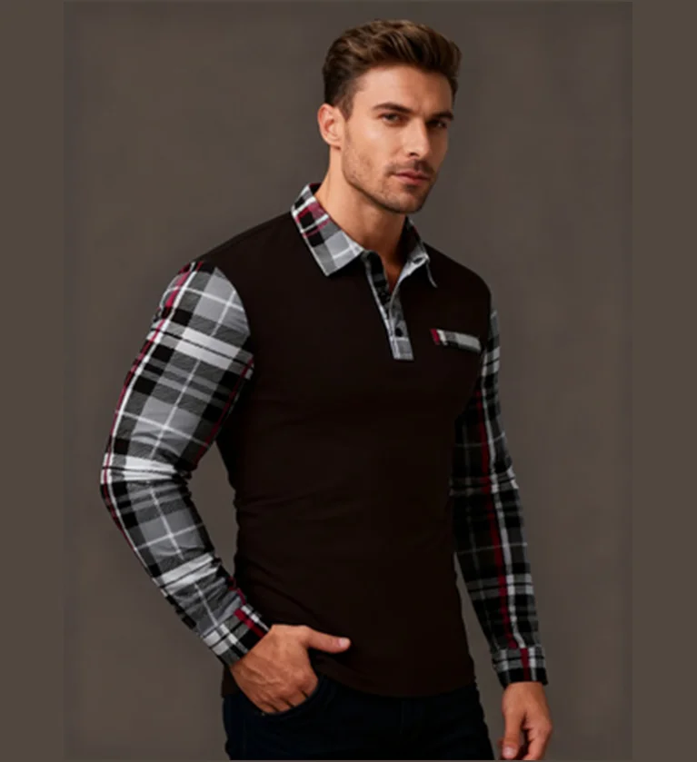 Men's Checkered Long Sleeved Polo Shirt, Casual Spring New Style, Lapel T-Shirt Fashionable Business Sports Long Sleeved T-Shirt