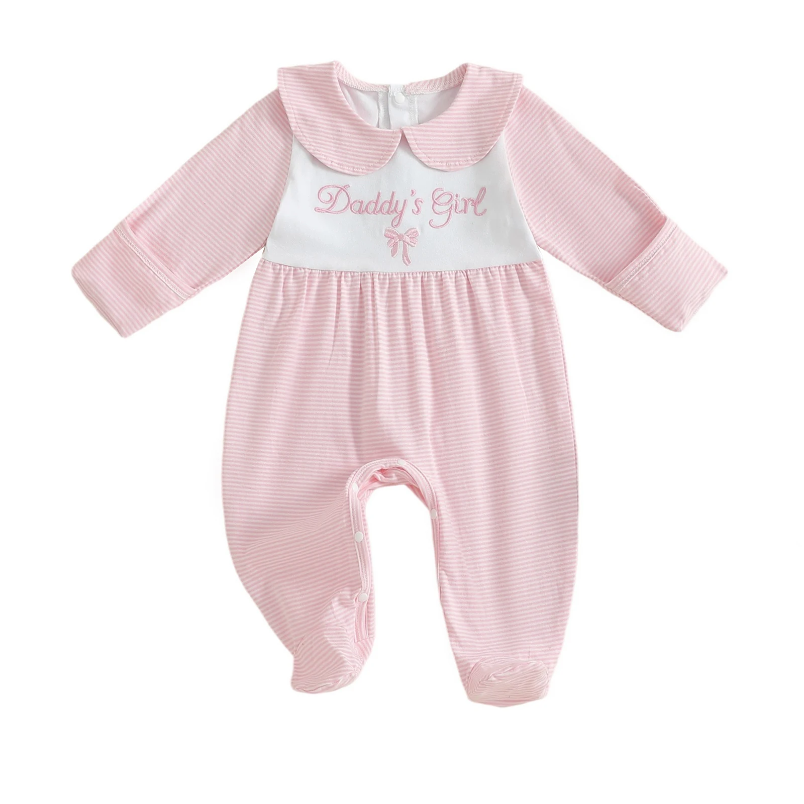 

Infant Girls Autumn Romper with Striped Print and Embroidered Letters Long Sleeves Peter Pan Collar and Full-Length Design