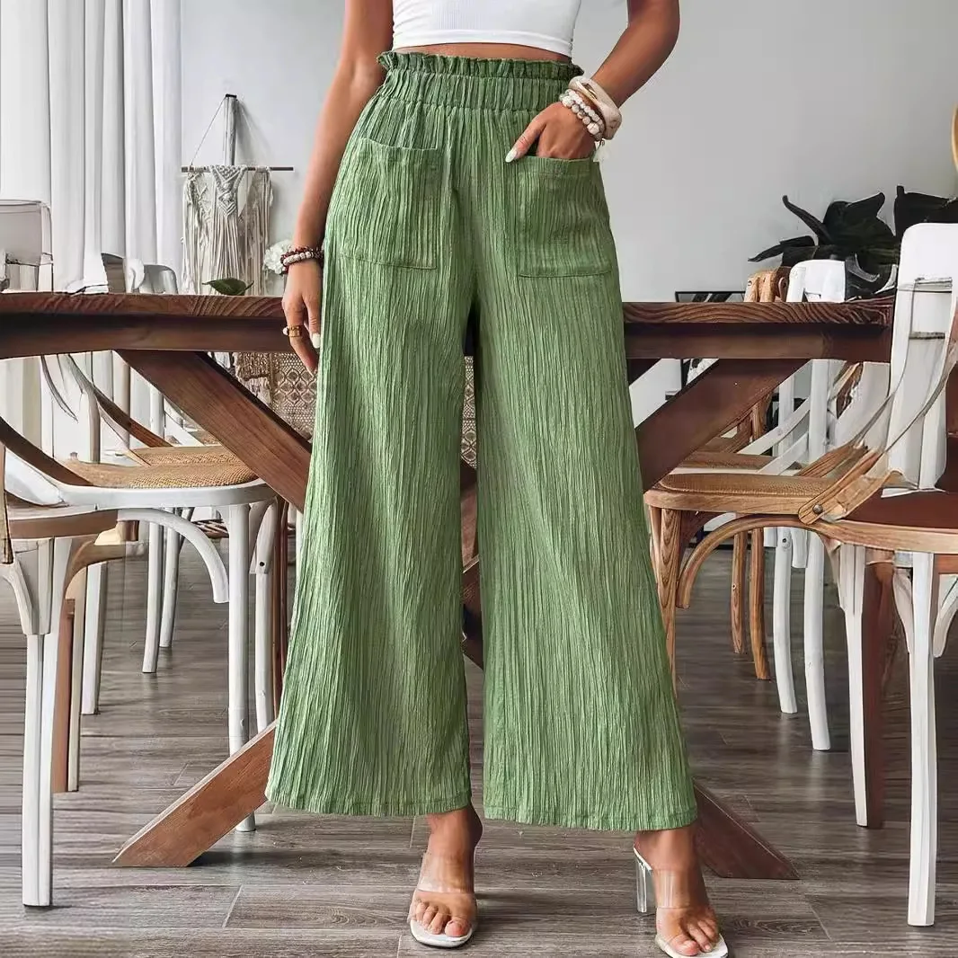 

Fashion Women Cotton Linen Loose Wide Leg Pants 2025 Spring Summer Female High Elastic Waist Button Solid Streetwear Trousers