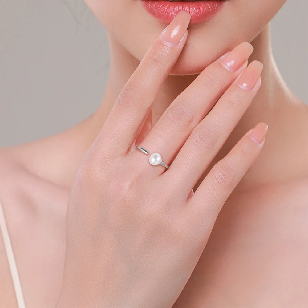 Seulement 925 Sterling Silver Open Cuff Ring with Natural White Pearl-Minimalist Jewelry for Women Adjustable Finger Accessory