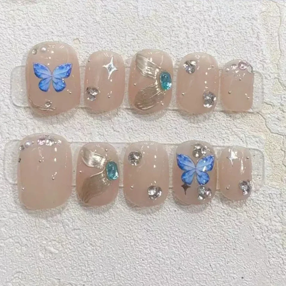 Francês pontas de unhas falsas, imprensa artesanal nas unhas, cobertura completa, olho de gato, coração, borboleta, design artificial, unhas curtas, manicure, 10pcs