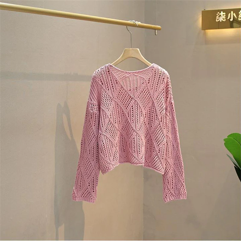 Loose Hollow Out Knitted Tops Spring V-neck Casual Short Pullover Women Korean Fashion Jumpers Long Sleeve Knitwear Haut Femme