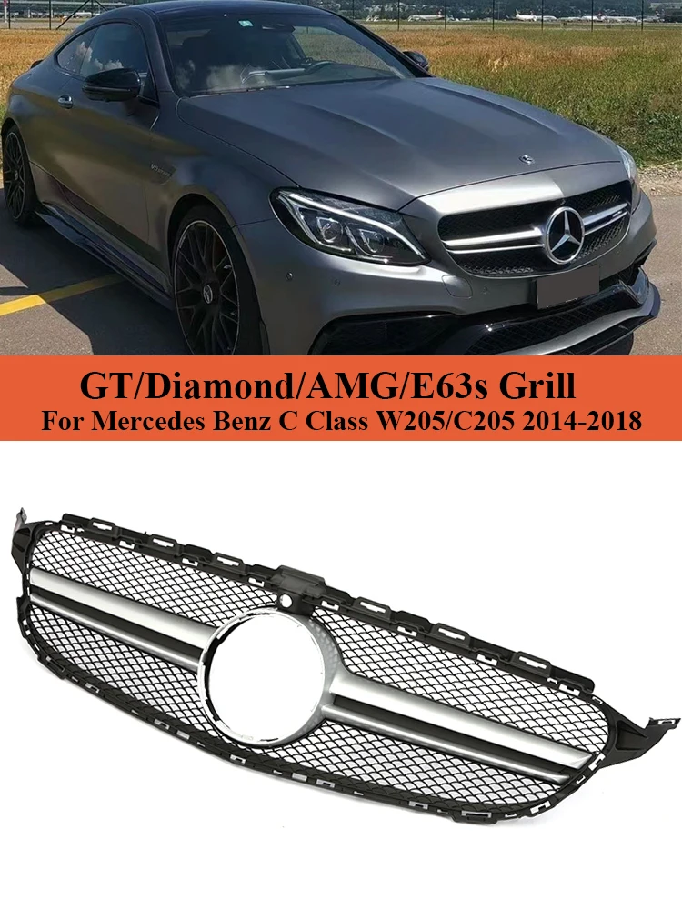 E63S AMG Style Grill Parrilla Front Bumper Grille For Benz C-Class W205 C180 C200 C300 C350 2014-2018 With Camera Black