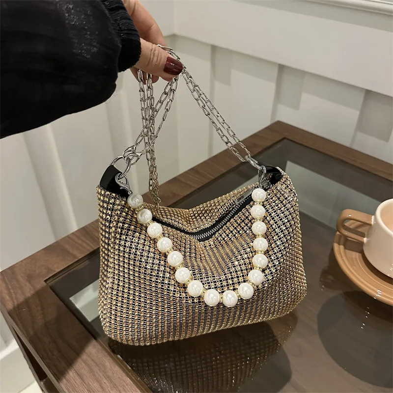 Fashion hot Rhinestones pearl chain handbag 2024 new single shoulder crossbody bag chain bag for women