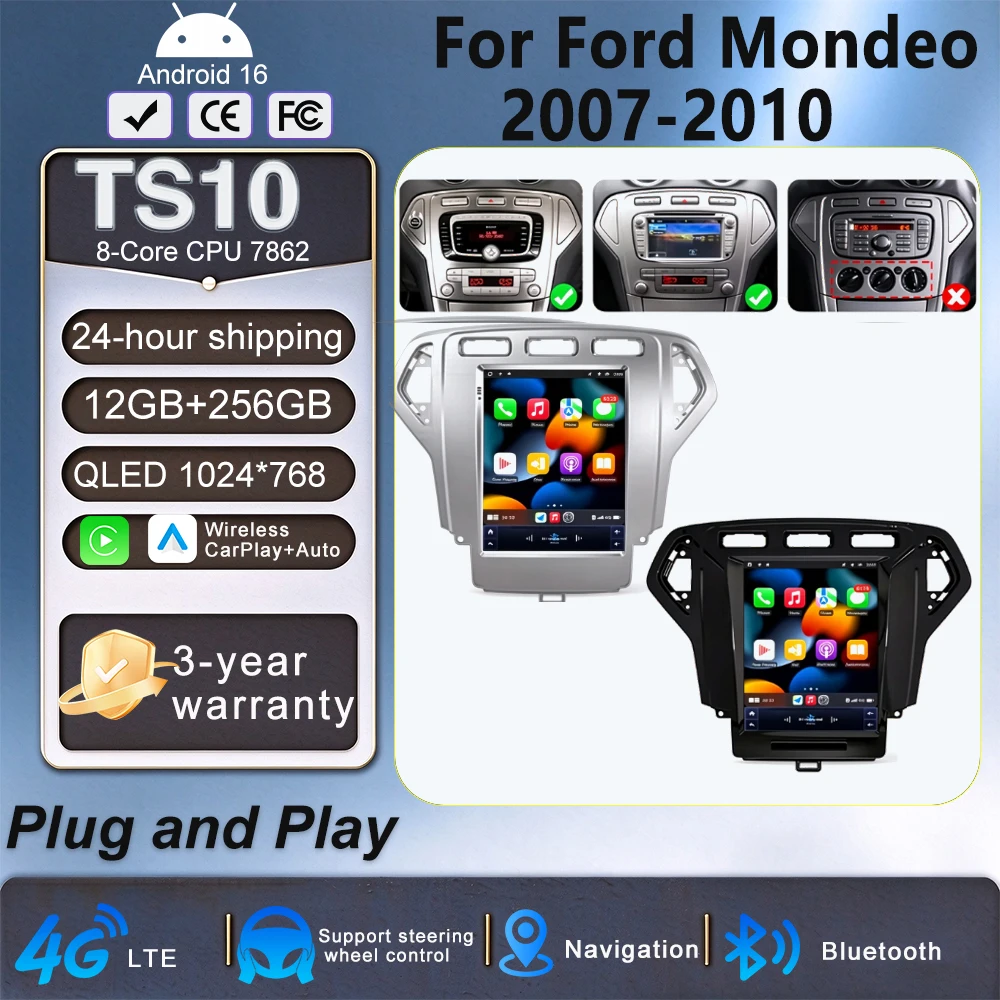 9,7'' Android 16 Für Ford Mondeo 2007-2010 Tesla-Stil Android Auto 8-Kern Carplay Multimedia-Player Video GPS WLAN 5G Kein 2din