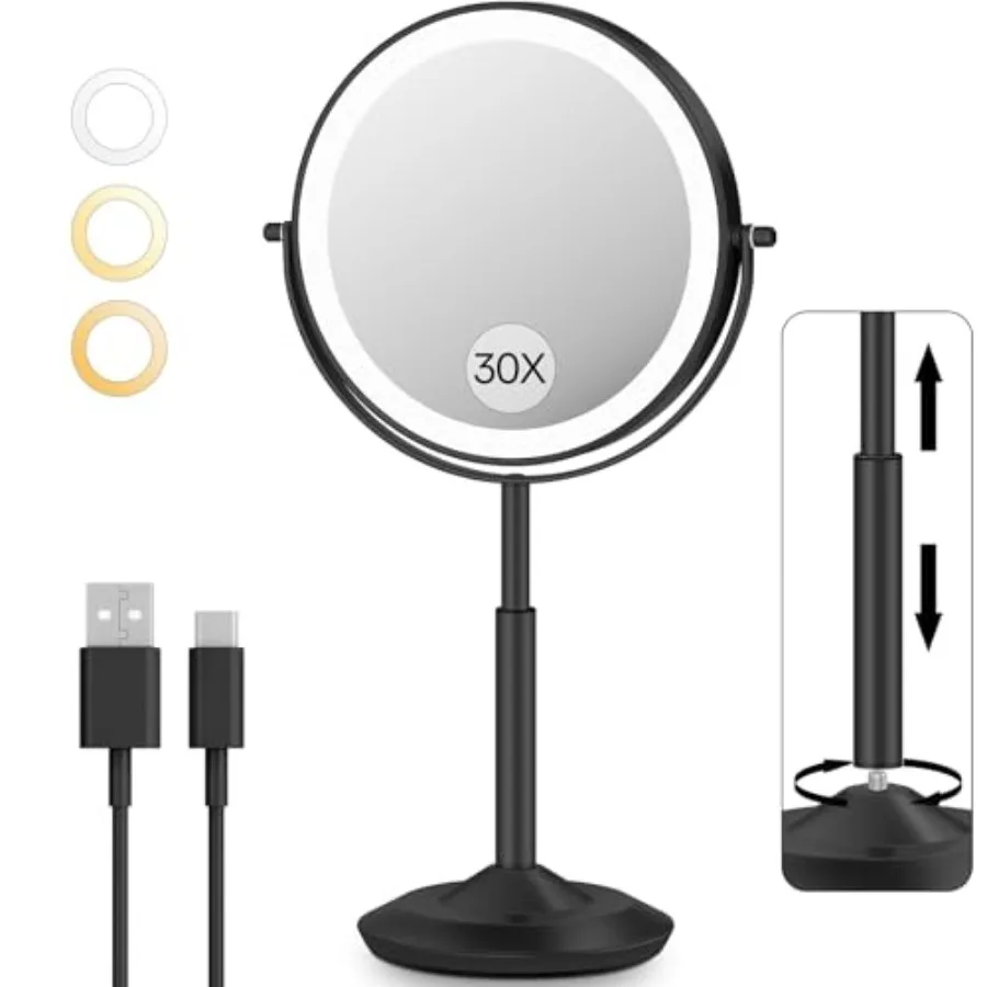 

30X/1X Makeup Mirror with Lights, Height Adjustable Lighted Magnifying Vanity Mirror with 3 Lighting and Adjustable Brightness,