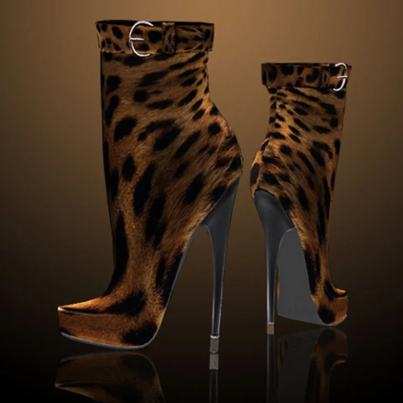 Leopard Mid Calf Buckle Boots Thin High Heel Pointed Toe Fashion Sexy Cool 2025 Winter Big Size Woman Shoes Zapatillas Mujer