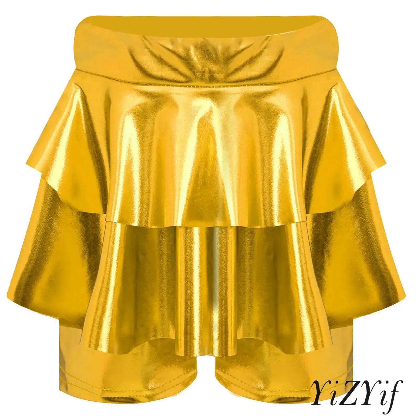 

Kids Girls Metallic Skirted Shorts High Waist Elastic Waistband Culotte Jazz Dance Cheerleading Performance Dance Classe Wear