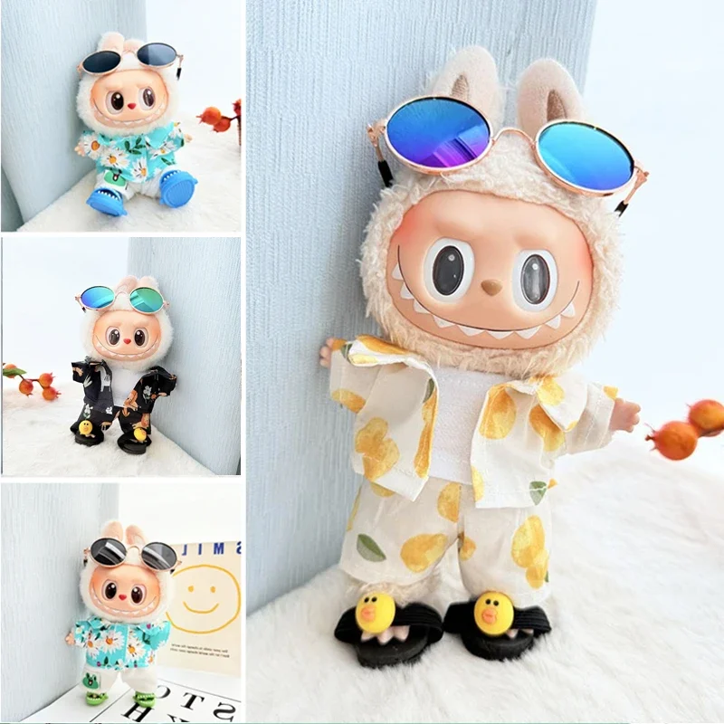 

(Clothes only) 15-17cm labubu Cute Shark Duck Shoes Hawaiian Style Beachwear Fashion with Sunglasses Flower Shirt Doll Costume