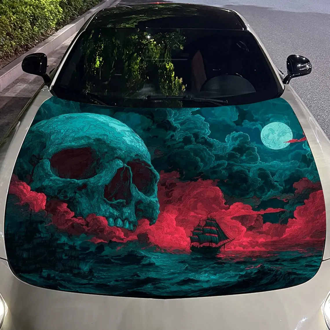 غلاف فينيل للسيارة على شكل جمجمة القمر الأحمر من Nether Sea، ملصق غطاء السيارة المقاوم للماء من مادة PVC، ملصقات ذاتية اللصق مقاومة للخدش لـ