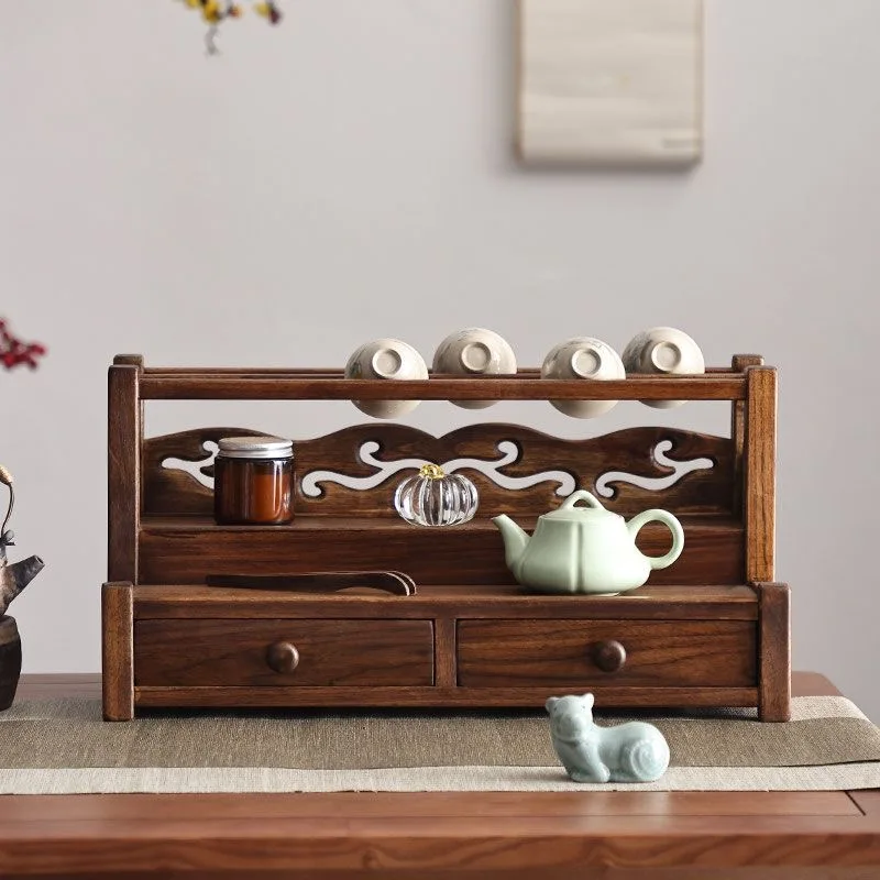 Wooden Teacup Holder Tea Accessory Organizer Chinese Pokou Shelf Tea Table Desk Storage Box Solid Wooden Shelf