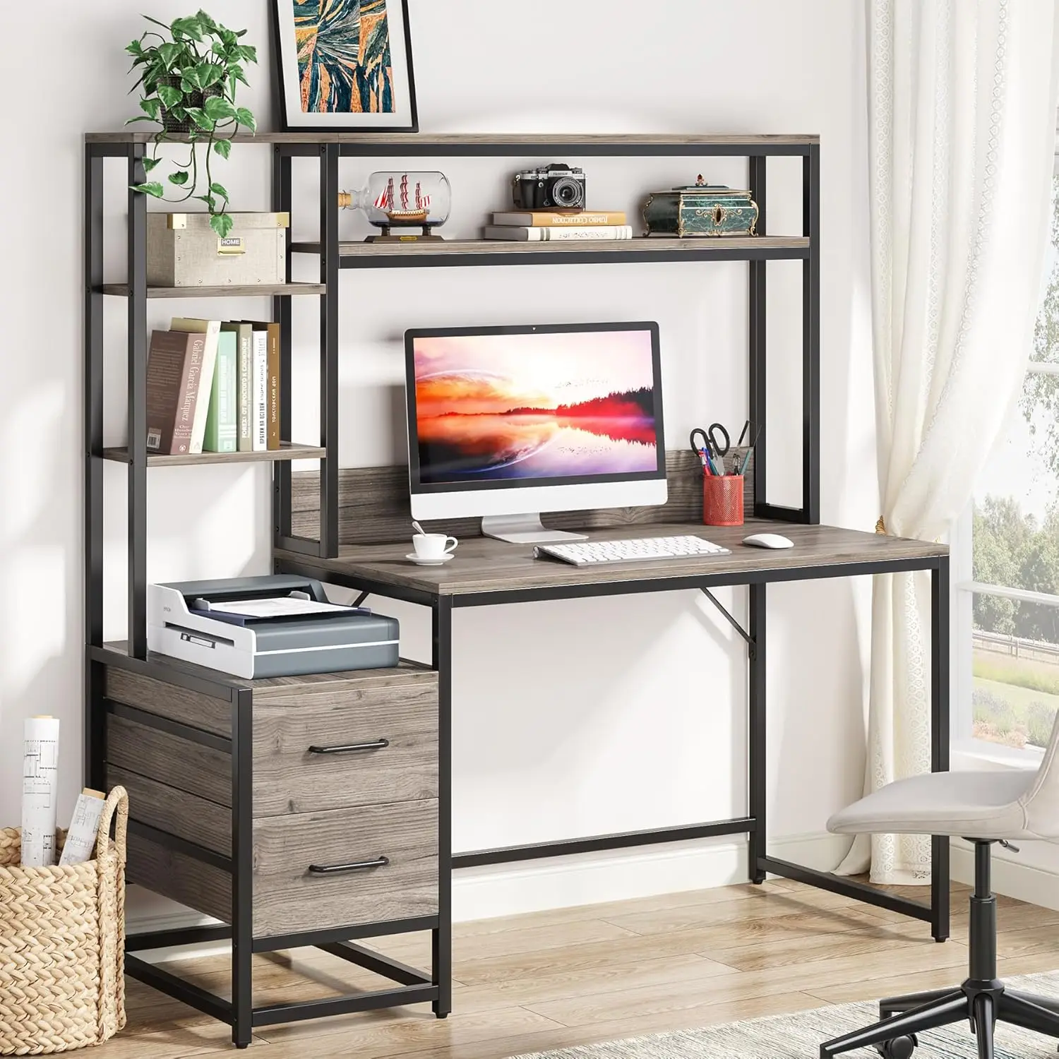 

Computer Desk with 2 Drawers and Storage Shelves, Rustic Office Desk with Hutch, Study Writing Gaming Table