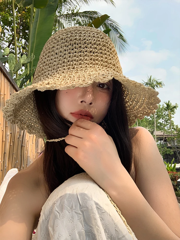 Handwoven Hollow out Straw Hat Women's Summer Foldable Beach Vacation Sunshade Large Brim Hat Versatile Casual Style Cap