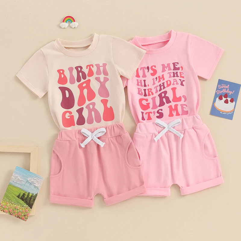 

2024-03-08 Lioraitiin 6M-4Y Kids Girls Birthday Set Short Sleeve Crew Neck Letters Print T-shirt with Shorts Summer Outfit