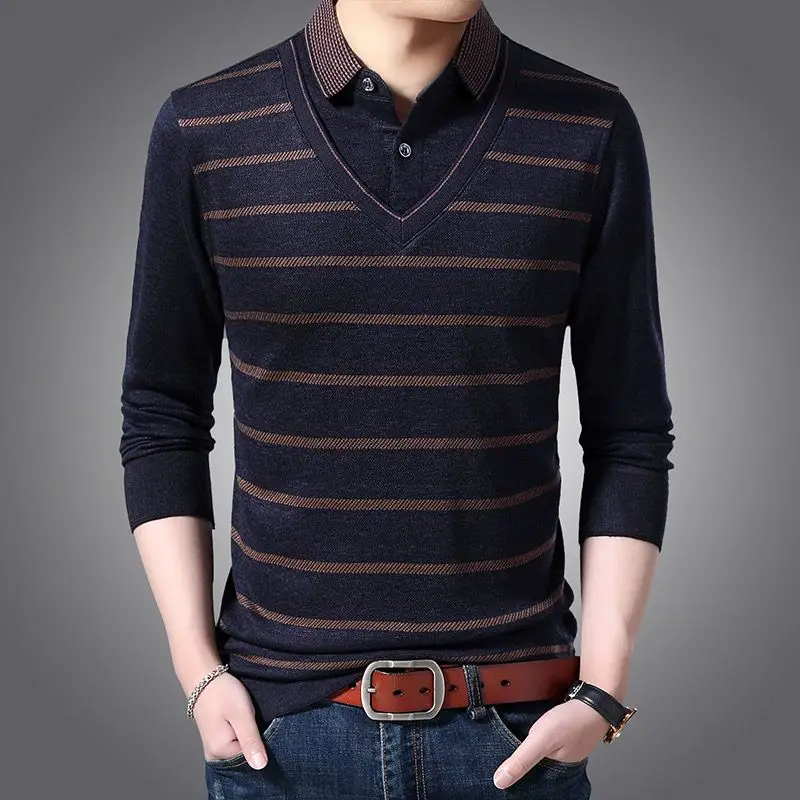 Fashion Vintage Men Knitted Striped Polo Shirts Spring Autumn Male Clothes Business Casual Loose Long Sleeve Basic Versatile Top