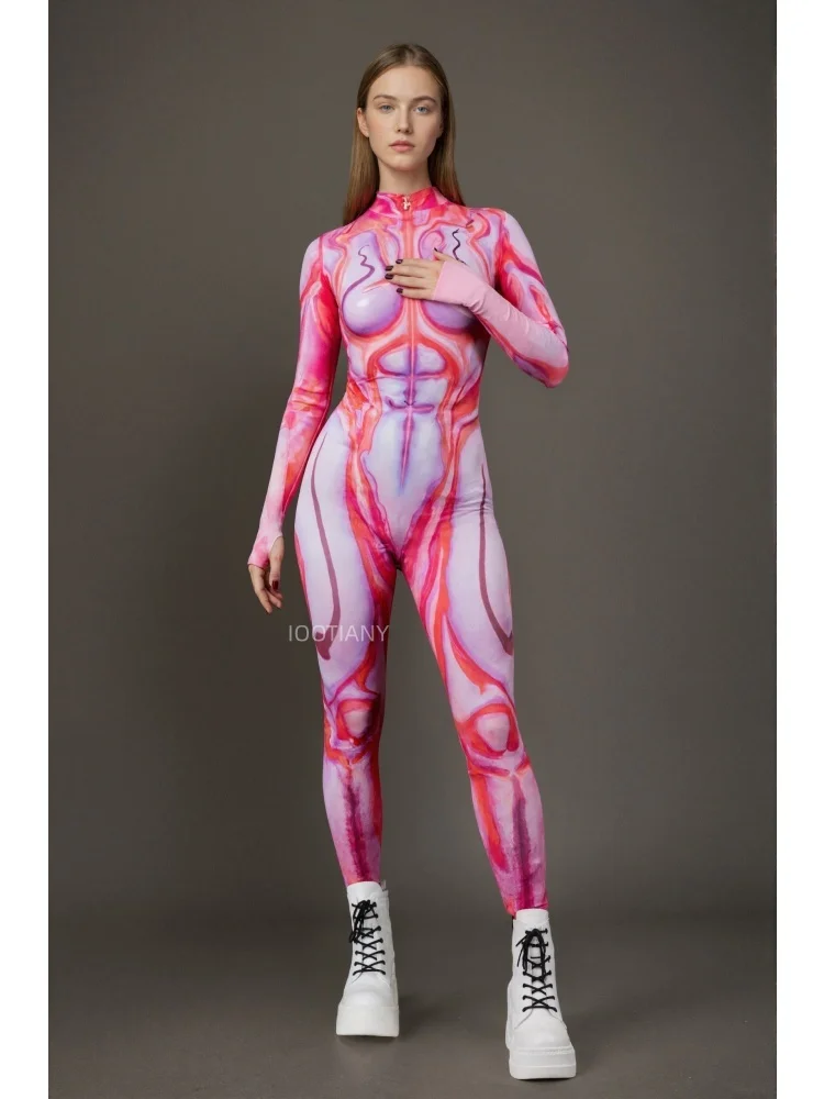 Bunter 3D-Druck-Feen-Regenbogen-Zentai-Bodysuit, Halloween-Feiertags-Party-Cosplay-Alien-Kostüm, Stretch-Jumpsuit, eng anliegend für Damen – Detail 2