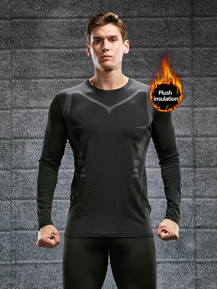 Warm Underwear For Men With Plush And Thickened Coldproof And Seamless Tight Bottoming Sports Set, Autumn And Winter Top