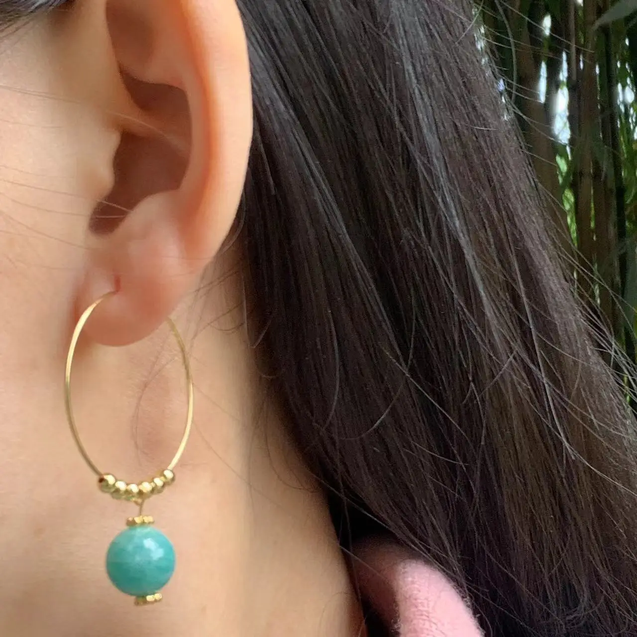 HEYYA STONE Natural Amazonite Hoop Earrings Simple Classic Round Circle Gemstone Jewelry Handmade 14K GOLD exclusive
