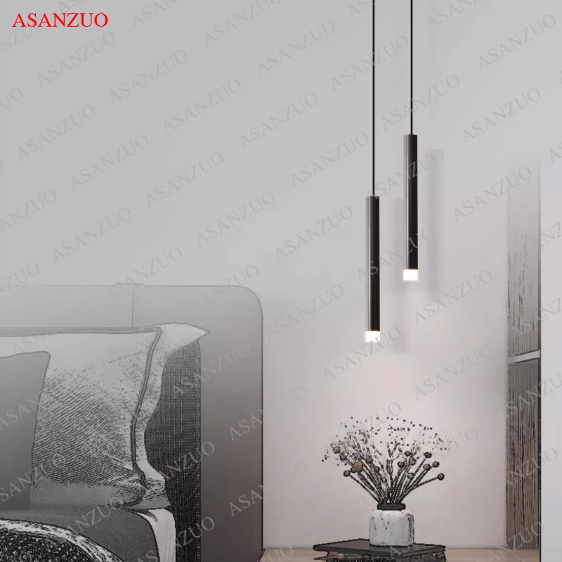 

Black Long Tube LED Pendant Light Bedside Gold Hanging Lamp Kitchen Dining Room Bar Counter Shop Mini Spot Light