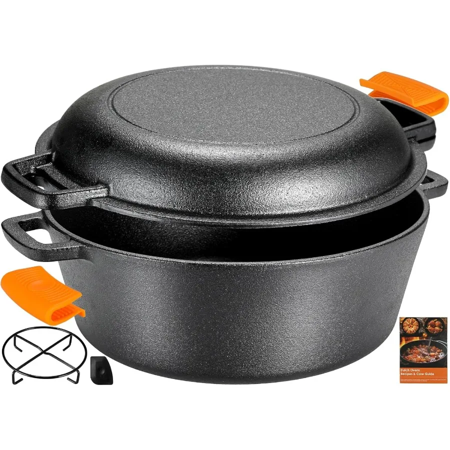 

Cast Iron Dutch Oven Pot with Lid 6.7QT and Removable Lid as a Skillet (2.5QT) Featuring Silicone Handles Iron Stand Suitable f