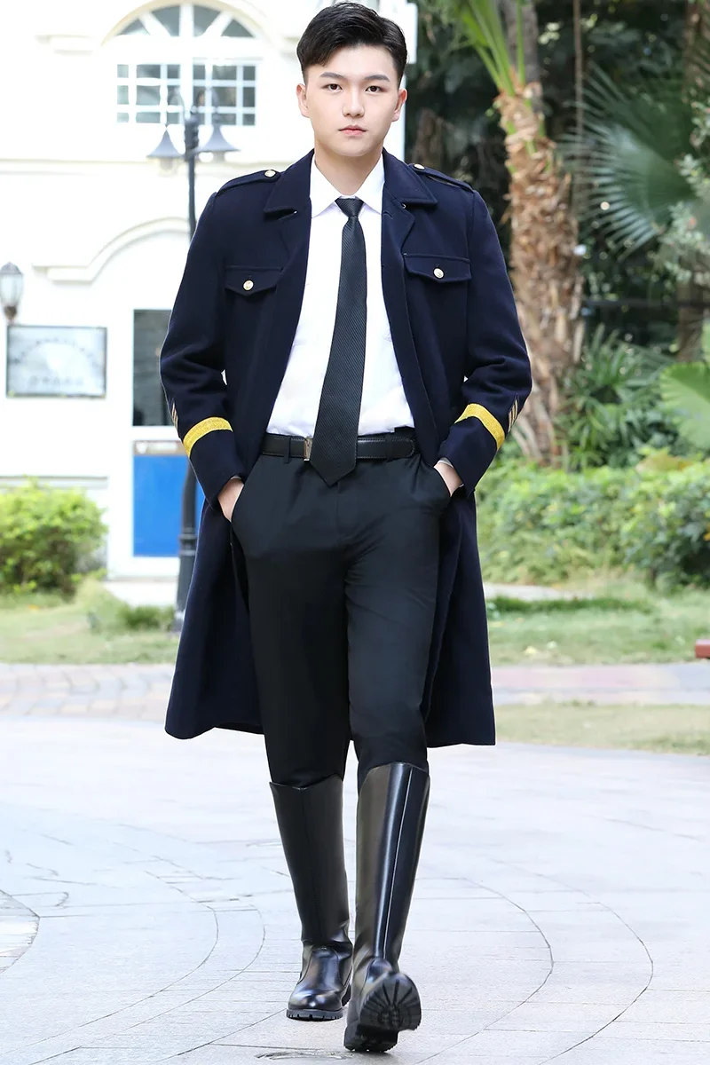 航空会社キャプテンウールオーバーコート男性パイロット厚いプロパティセキュリティ冬服ウール年次総会パフォーマンストレンチコート