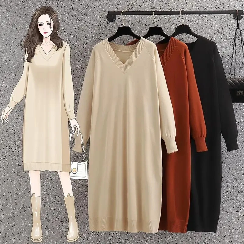 Plus Size 5XL 150KG Autumn Winter Elegant Casual women's Sweater Long dresses Knitted Party Dresses Woman Female clothing