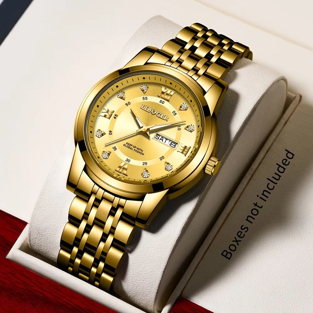 Men's Fashion Trend Business Quartz Wristwatch, Classic Roman Numeral Round Dial, Stainless Steel Band, Date Calendar Display