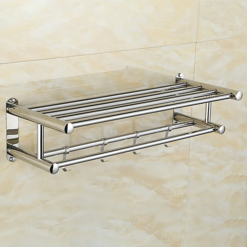 Two Layer Bathroom Towel Rack Wall Mounted Stainless Steel Shower Bars Hanger Clothes Rack with Hooks Bathroom Accessories